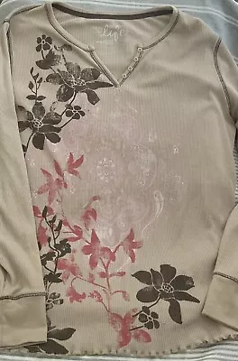 Made For Life Womens XL Tan Brown Pink Floral Waffle Knit Long Sleeve Scalloped • $20.03