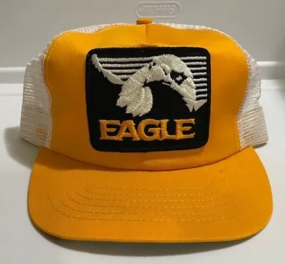 Vintage Eagle Patch Trucker Mesh Ball Cap Yellow & White Made In Usa • $6.99