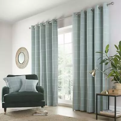 Check Curtains Eyelet Ring Top Pair Lined Sage Green Duck Egg Window Door • £25.99