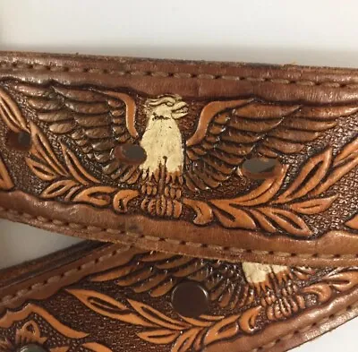 Vintage Name Sophye Western Cowgirl Rodeo Tooled Eagles Cowhide Tan Leather Belt • $19.99