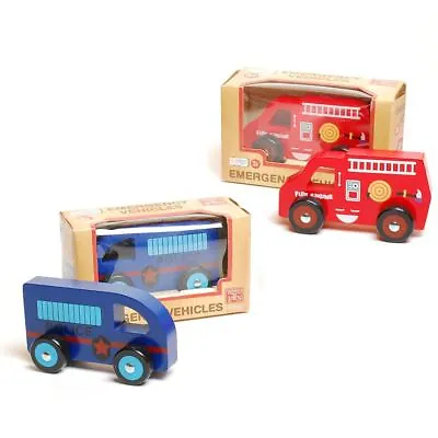 £7.49 • Buy Traditional Wood 'n' Fun Emergency Vehicles Wooden Push Along Toy 3+ Police Fire