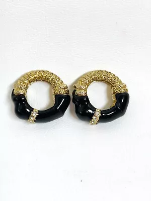 Chunky Hoop Earrings Magnetic Clip Gold Tone Black Enamel And Rhinestones  • $14.99