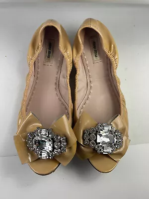 MIU MIU Nude Ballet Flat Leather Open Toe Crystal Rhinestone Metallic Elastic 41 • $69.99