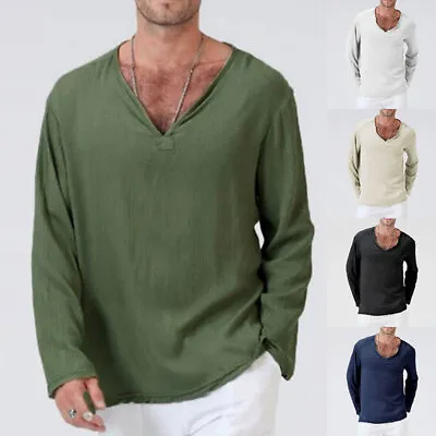 ✿Men's Long Sleeve Shirt Summer Cool Loose Fit Casual V-Neck Pullover Shirts Top • $14.44