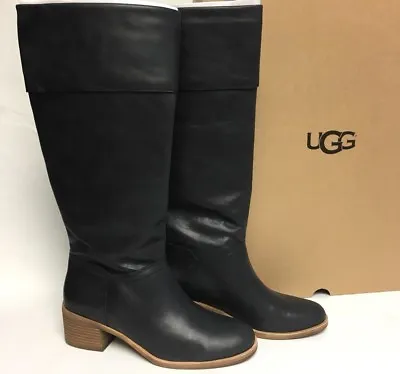 UGG Australia CARLIN BLACK TALL LEATHER HEEL BOOTS Classic Tall 1017469 Womens ~ • $80.99