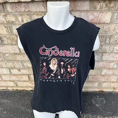 Vintage Rock T Shirt Cinderella Double Stitch Black Large Trashed Sleeves Cut • $38.95