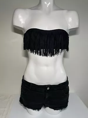 L*SPACE Fringed 🖤 Strapless Swimsuit Bikini Top Bandeau Bra Black Medium • $26.99