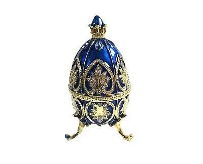 Bejeweled Blue Royal Faberge Egg Hinged Metal Enameled Crystal Trinket Box • $23.95