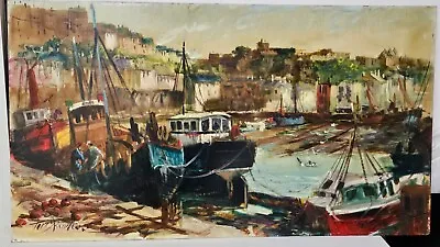 Terry Burke Original Oil Painting Of Brixham Harbour Devon 92cm X 48cm • £175