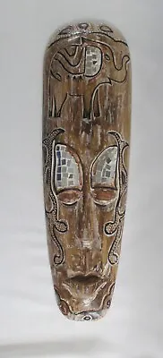 VTG 20  HANDCARVED MIRROR SHARD EMBELLISHED African Tribal/Ethnic Wood Wall Mask • $15.99