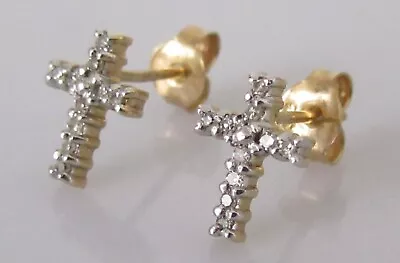 Gold Diamond Earrings - 9ct Yellow Gold Multi Diamond Cross Stud Earrings • £175