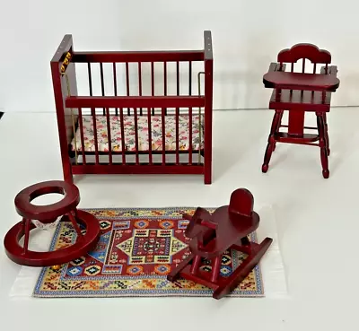 Vintage Mini Dollhouse Wood Furniture 5 Pc. Set With Movable Pieces And Silk Rug • $25