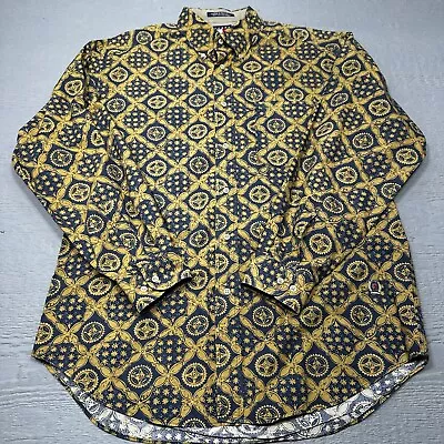 Vintage Tommy Hilfiger Shirt Mens Medium Blue Yellow Gold Print Button Classic • $28.99