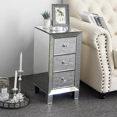 Mirrored Nightstand 3 Drawer Crystal Accent Silver Side Table Glass Bedside Desk • $88.99