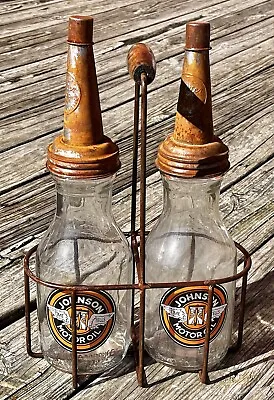Set Of (2) JOHNSON Motor Oil Bottles With Metal Wire Oil Bottle Carrier • $187.51