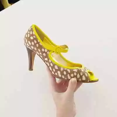 J. Crew Kenzie Vintage Calf Hair Peep Toe Mary Jane Heels In Yellow Size 7 • $57.95