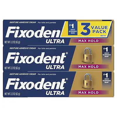 Fixodent Ultra Max Hold Secure Denture Adhesive 2.2oz Pack Of 3 • $16.24