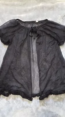 Vintage Sexy Short Peignoir Robe Sheer Chiffon Nylon Ruffles Black Size L • $28.99