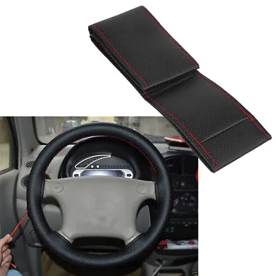 Black+Red PU Leather DIY Car Steering Wheel Cover 38cm With Needle And Thread Fr • £4.58