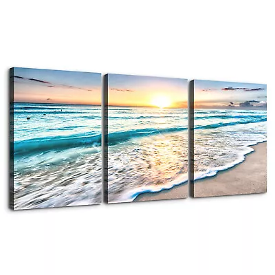 Blue Sea Sunset White Beach Painting 3 Piece Canvas Wall Art Picture Poster Home • $29.99