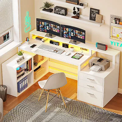65'' L Shaped Desk Home Office LED Computer Desk With Power Outlets File Cabinet • $167.99