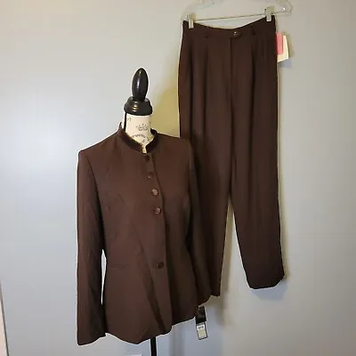 Le Suit Chocolate Brown 2 Piece Pant Suit Velvet Trim Career Size 10 MSRP $229 • $50