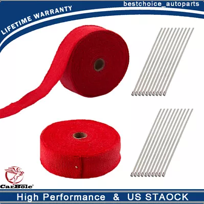 2Pcs 50Ft 2  Red Roll Exhaust Header Fiberglass Heat Wrap Tape+20 Steel Zip Ties • $29.59