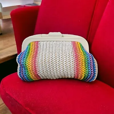 Vintage 70s Knotted Raffia Woven Rainbow Stripe Clutch Bag Retro Boho Hippie  • $49.95