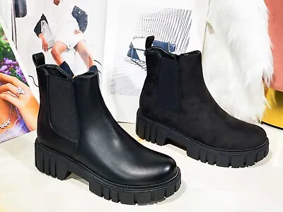 £23.99 • Buy New Ladies Womens Flat Chunky Platform Sole Chelsea Slip On Ankle Boots Shoes Uk