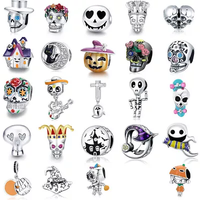 Wostu Halloween 925 Sterling Silver CZ Skull Pumpkin Bracelet Charm Bead Gift • $11.04