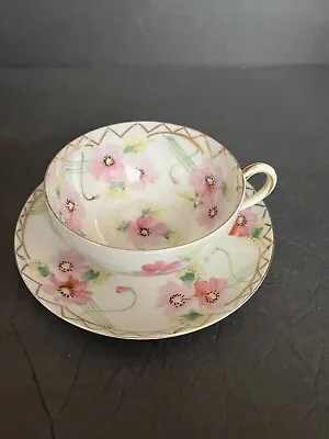 Vintage Noritake Egg Shell Tea Cup W/Saucer Hand Painted Azalea Pink And Gold • $12