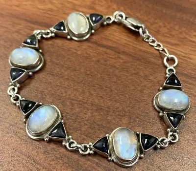 Vintage Sterling Silver Moonstone & Black Onyx Panel Link Bracelet 20.4 Grams 8  • $175