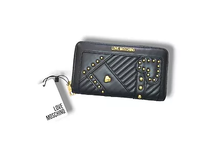 NWT LOVE MOSCHINO Black Studded Zip-Around Clutch Wallet • $55