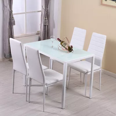 4 Seater Glass Dining Table And 4 Padded Chairs Set White Home Furniture New • £109.99