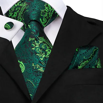 £9.99 • Buy UK Mens Necktie Black Gold Paisley Silk Tie Set Pocket Square Cufflinks Wedding