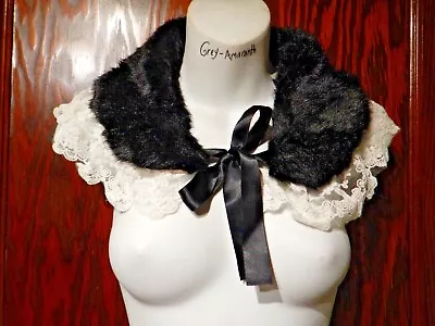 BLACK FAUX FUR WHITE LACE STOLE Gothic Capelet Wrap Shrug Scarf Collar Lolita 8Z • $14.99
