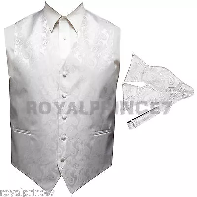 WHITE XS To 6XL Paisley Tuxedo Suit Vest Waistcoat & Self Tie Bow Tie Wedding • $31.36