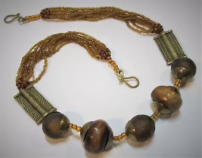 Vintage Raw Natural Amber Brass Amber Glass Bead Necklace J Hook Clasp • $128.95