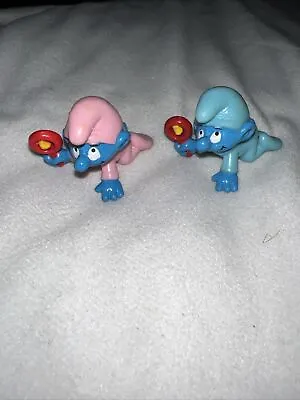 1984 Vintage Smurfs Baby Rattle Pink And Blue Outfit Baby  Toy Set Schleigh Peyo • $18.89