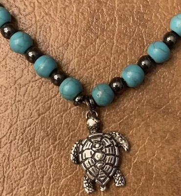925 Turtle Pendant Beaded Turquoise Black Necklace 18” • $21