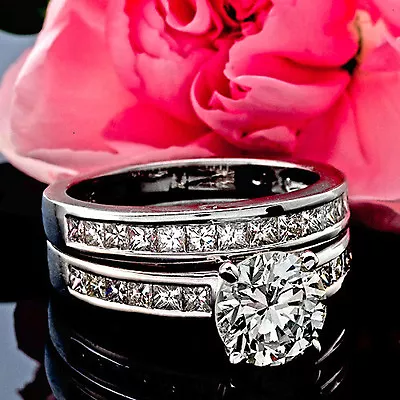 3.41 Ct F Vvs2 Round Cut Lab Created Diamond Engagement Ring Matching Set 14k • $3195