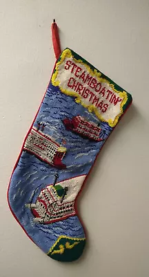 Rare Vintage Handmade Christmas Stocking Needlepoint  Steamboatin Christmas  17  • $39.99