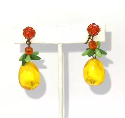 Vintage Fruit Flower West Germany Orange Yellow Dangle Drop Clip Earrings 2  • $39