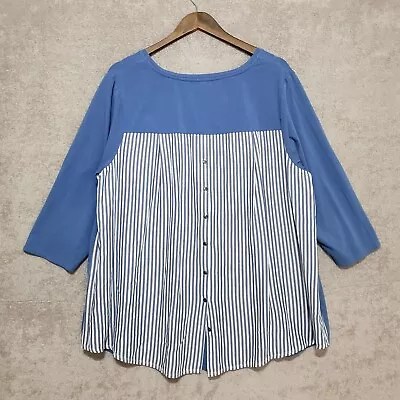 J Jill 2X Top Plus Womens Knit Pullover Button Stripe Back Blue 3/4 Sleeve • $26.94