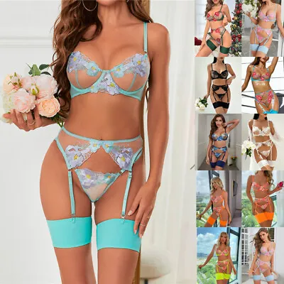 UK Ladies Erotic Lingerie Bra Thong Suspender Sex Floral Underwear Nightwear Set • £11.19