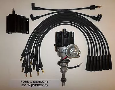 FORD 351W Windsor BLACK Small Female HEI Distributor50K COIL & Spark Plug Wires • $154.95