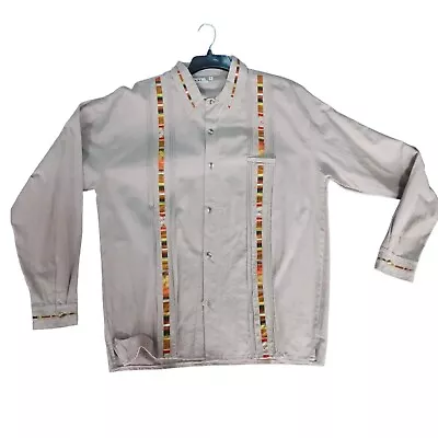 Mexican Guayabera Long Sleeve Shirt Traditional Embroidered Grey Large • $30