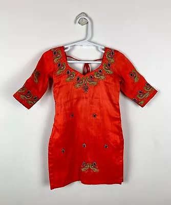 $6 • Buy Kids Size 3 - 4 Indian Embroidered Orange Long Sleeve Peacock Silk Girls Dress