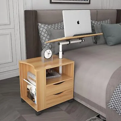 End Table Wooden Nightstand Lift Computer Table W/Swivel TopDrawers&Open Shelf • $132.99