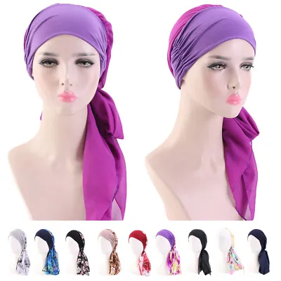 Women Hijab Long Tail Turban Hats Muslim Head Wrap Hair Loss Chemo Cap Bonnet • $7.29